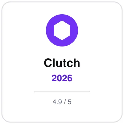 Purple hexagon badge reading Clutch 2026 above the score 4.9 out of 5