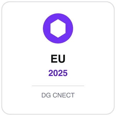 Purple hexagon badge reading EU 2025 above the note DG CNECT