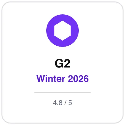 Purple hexagon badge reading G2 Winter 2026 above the score 4.8 out of 5