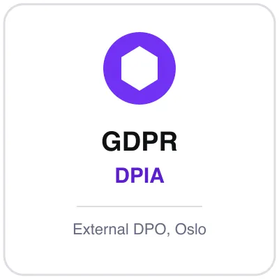 Purple hexagon badge reading GDPR DPIA above the note external DPO, Oslo