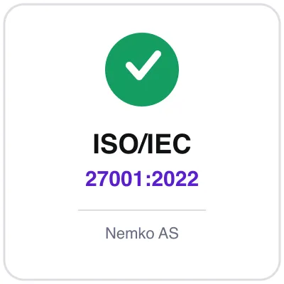 Green check badge reading ISO/IEC 27001:2022, issued by Nemko AS