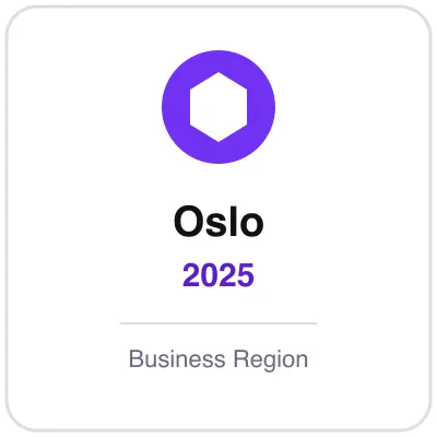 Purple hexagon badge reading Oslo 2025 above the note Business Region