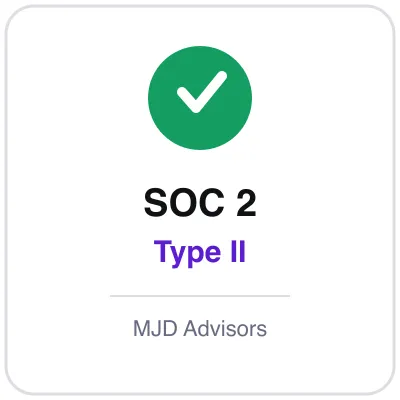 Green check badge reading SOC 2 Type II, attested by MJD Advisors